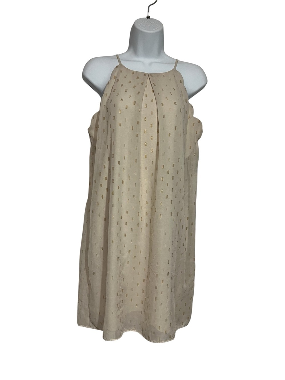 Cream Gold Polka Dot Halter Neck Shift Size XL Scallop Edge Light Flowy Dressy